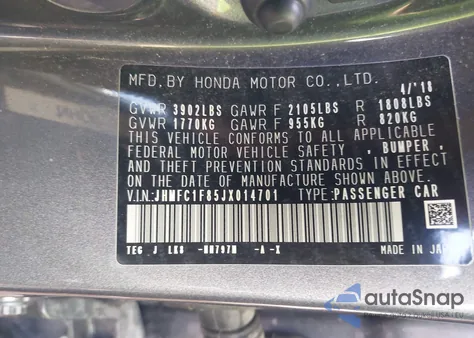 2018 Honda Civic Ex z USA, uszkodzony, nr VIN JHMFC1F85JX014701